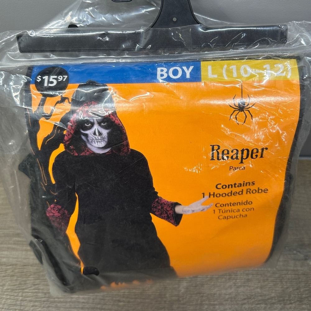 Boys Reaper Halloween Costume Hooded Robe Black Red Skull Trim Size Large 10-12